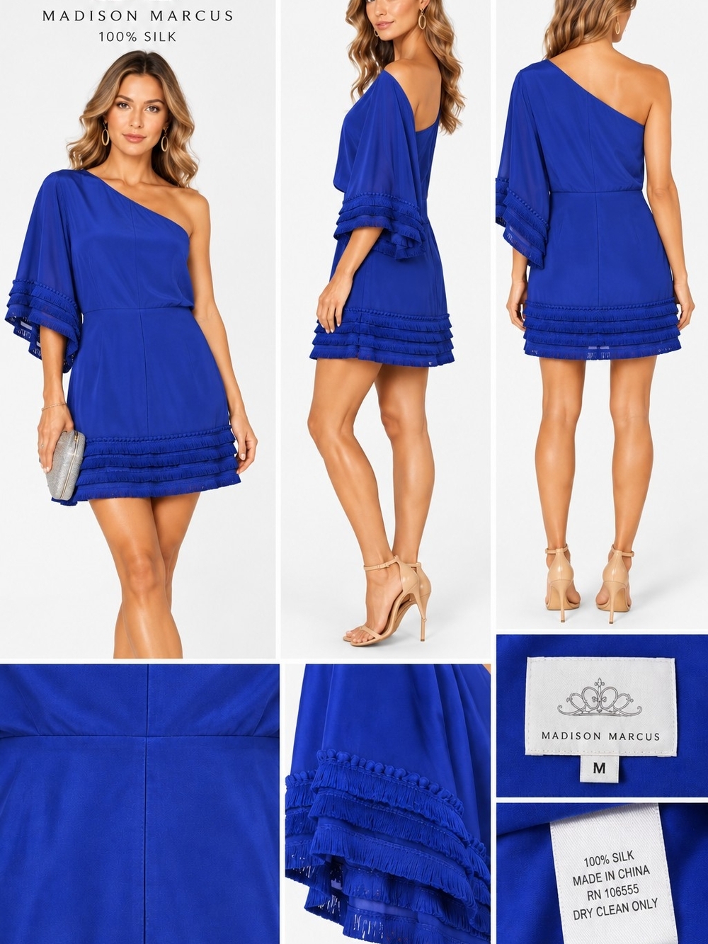 Madison Marcus Electric Blue One-Shoulder Silk Mini Dress